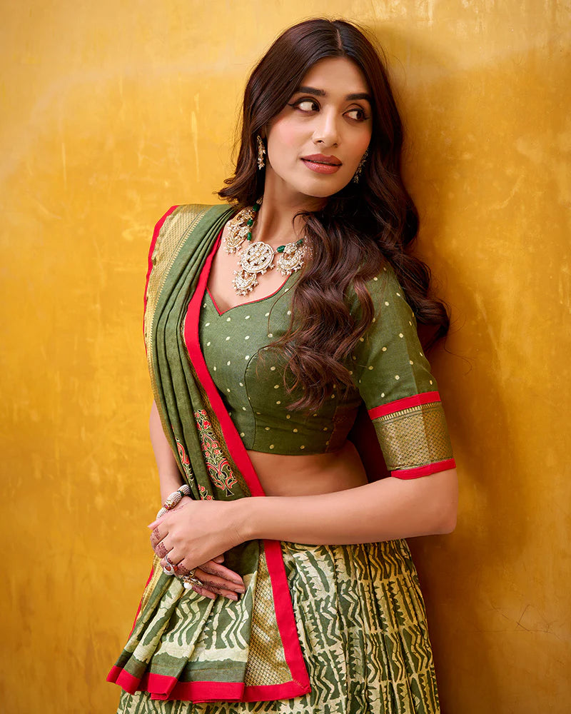 Womenline Mehndi Color Dola Silk Batik Printed Lehenga Choli