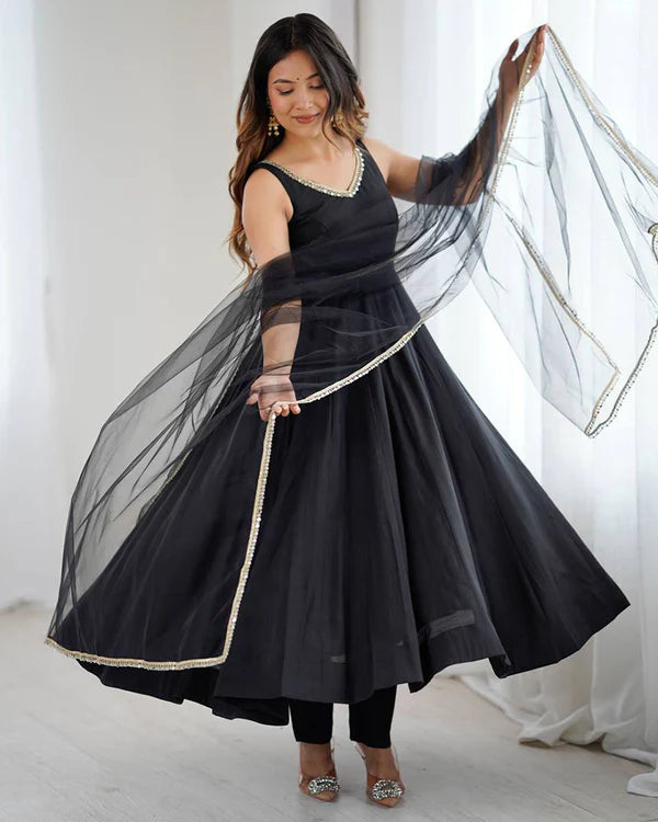 Womenline Black Color Chanderi Pure Roman Silk Anarkali Suit