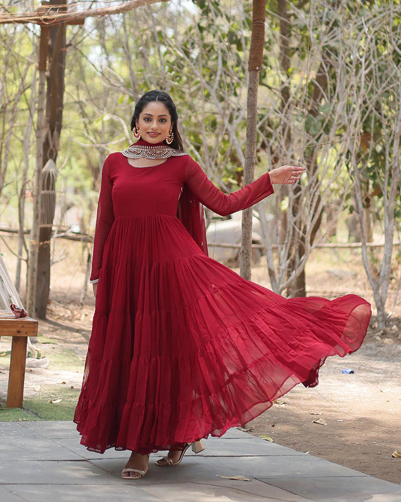 Womenline Maroon Color Designer Embroidered Gown With Dupatta