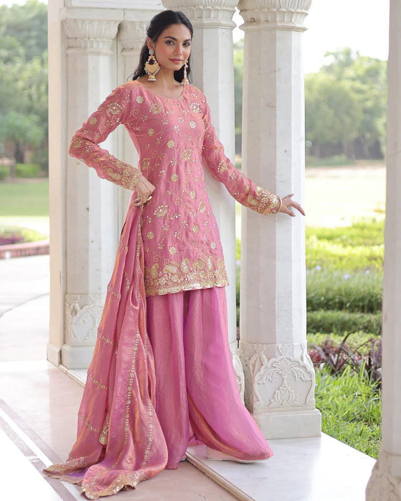 Womenline Baby Pink Color Fendi Silk Embroidered Sharara Suit