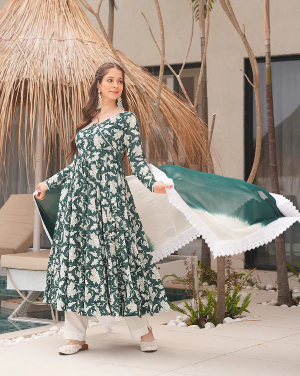 Womenline White And Green Color Floral Printed Cotton Anarkali Suit