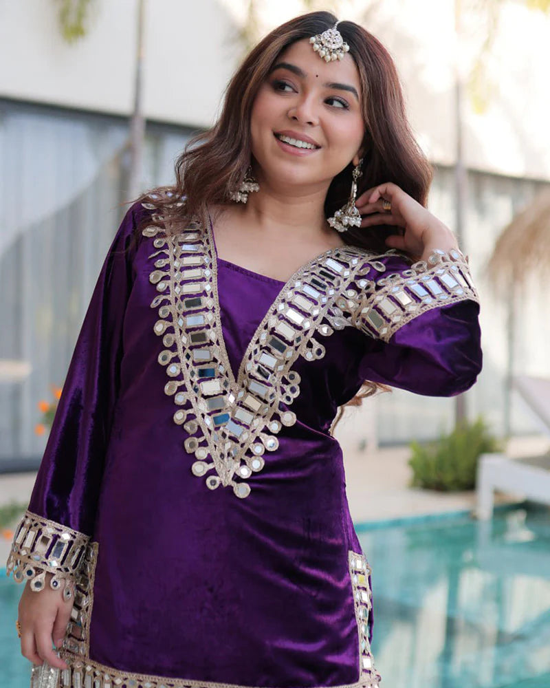 Womenline Deep Violet Color Ice Velvet Embroidered Plazzo Suit