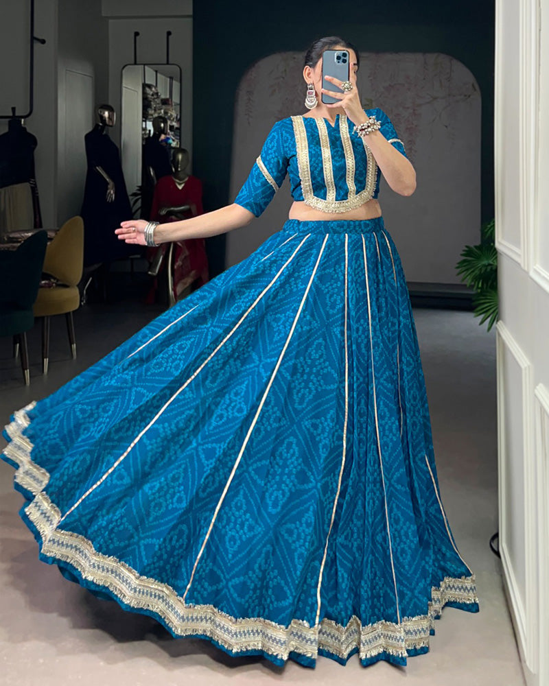 Womenline Firozi Color Chiffon Bandhej Printed Navratri Lehenga Choli