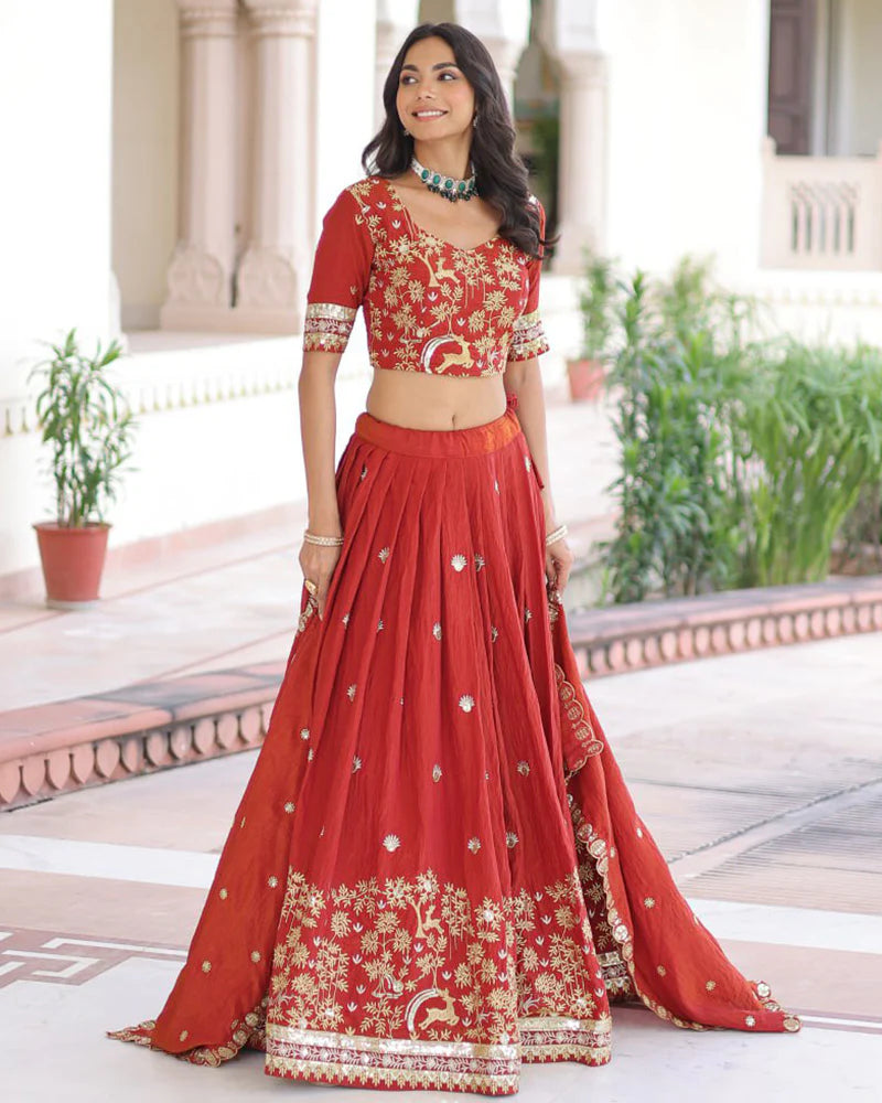 Womenline Red Color Vichitra Silk Sequence Embroidered Lehenga Choli