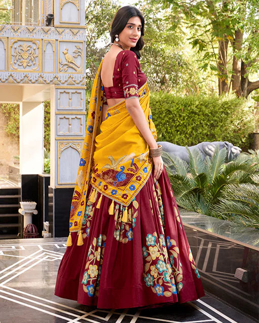 Womenline Maroon Color Tussar Silk Printed With Foil Work Lehenga Choli