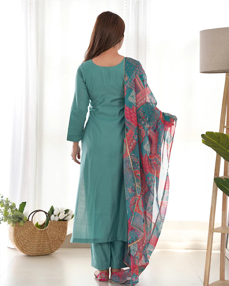 Womenline Sea Green Color Viscose Ready To wear Three Piece Kurti Suit