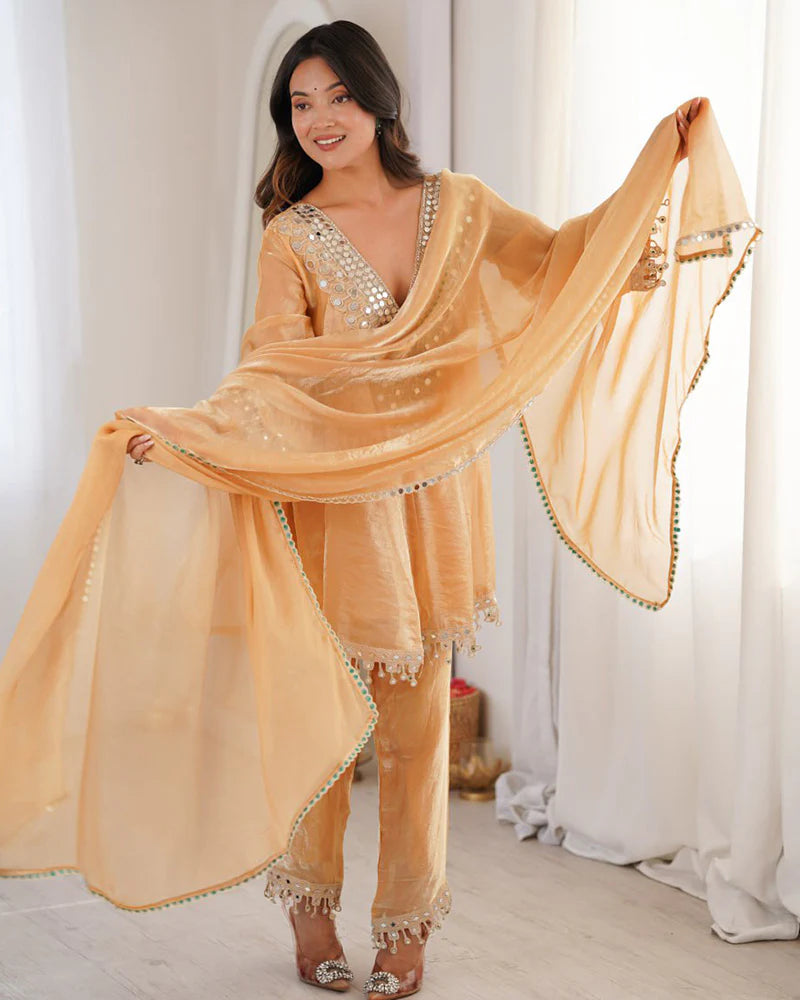 Womenline Chikoo Color Fendi Silk Embroidered Plazzo Suit