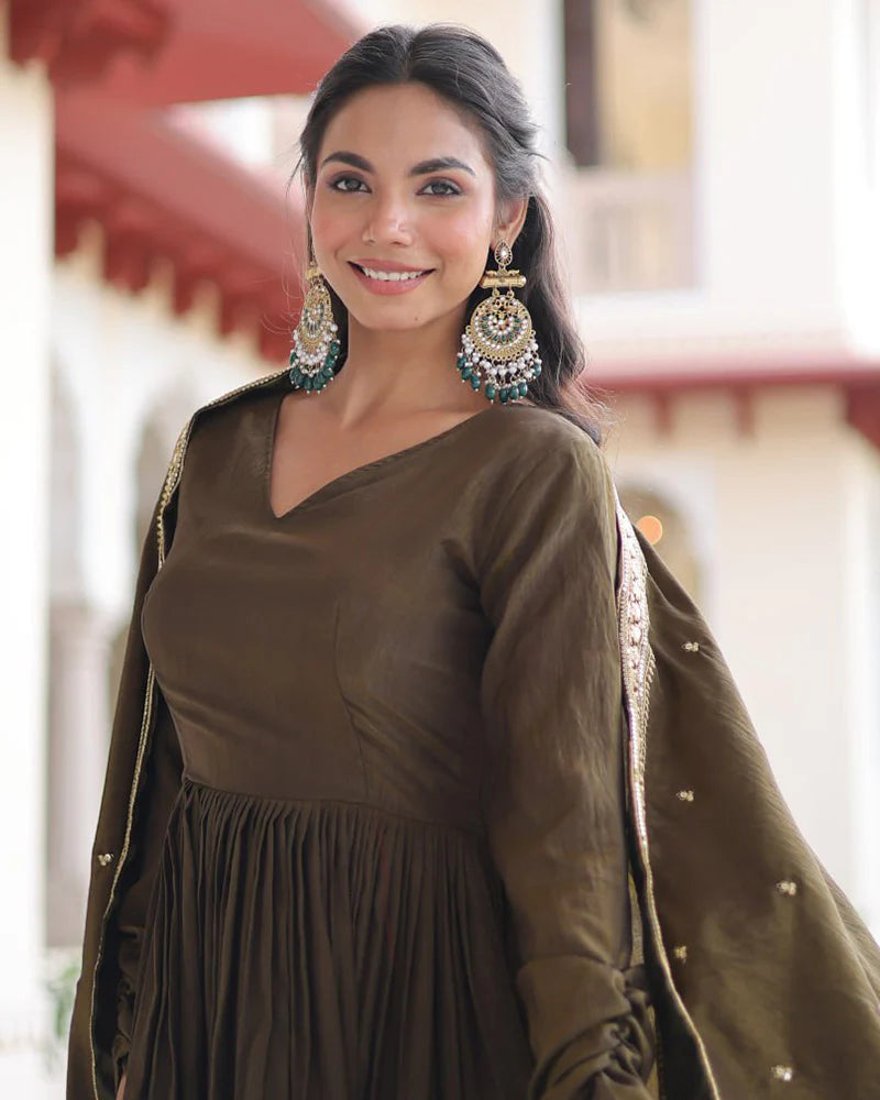 Womenline Mehndi Olive Color Vichitra Silk Sequence Embroidered Gown