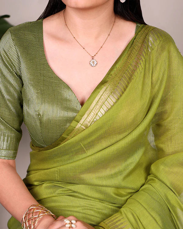 Womenline Olive Green Color Cotton Silk Zari Weaving Saree