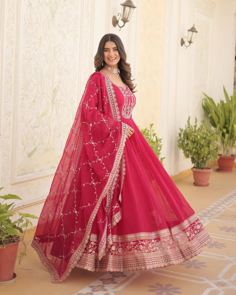 Womenline Pink Color Faux Blooming Rich Sequence Embroidered Gown
