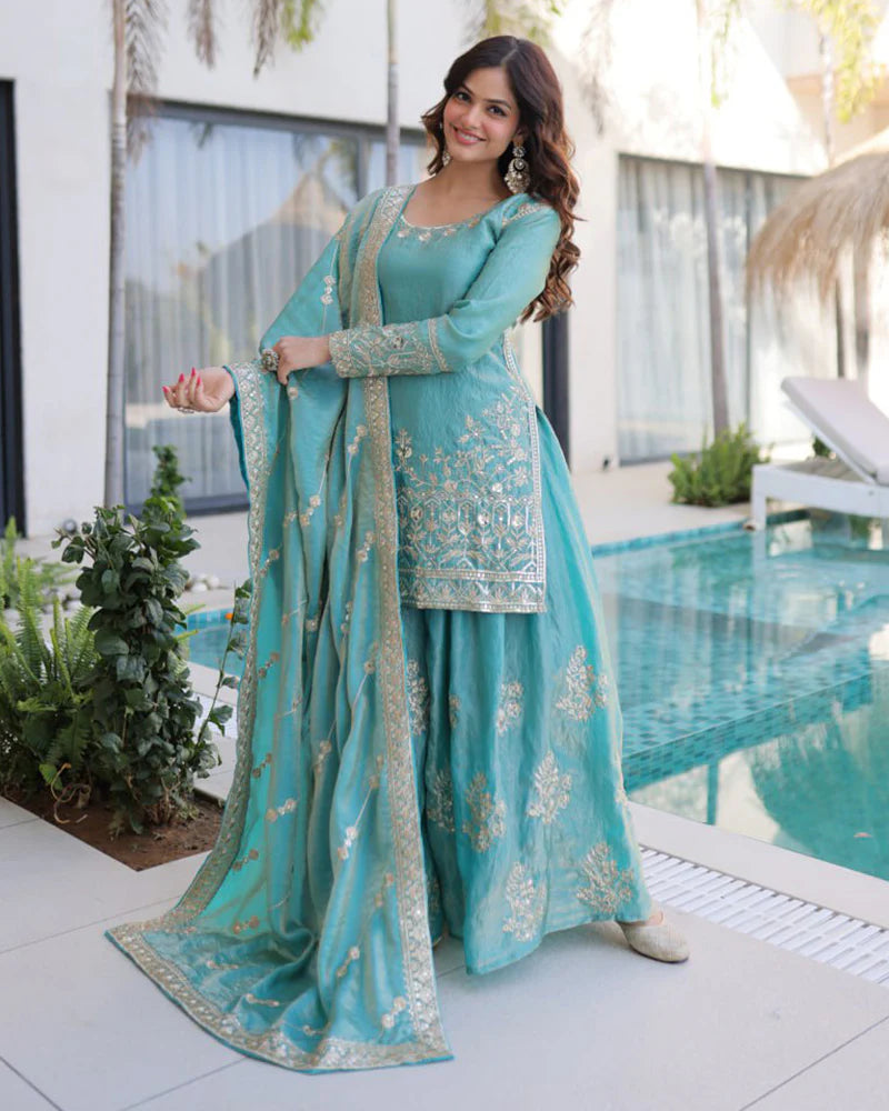 Womenline Sky Color Fendi Crush Embroidered Plazzo Suit