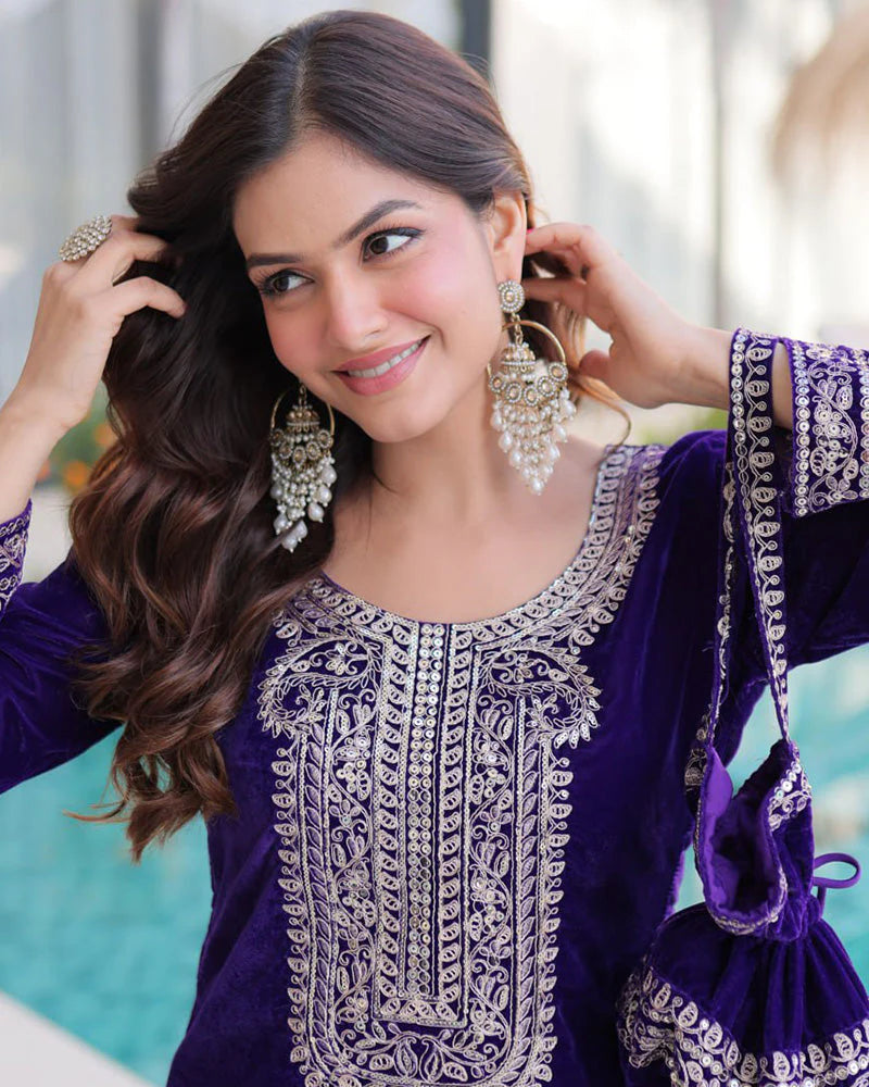 Womenline Purple Color Velvet Embroidered Kurti Suit
