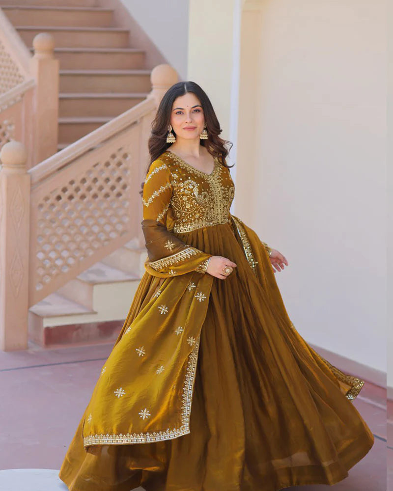Womenline Mehndi Color Fendi Embroidered Gown