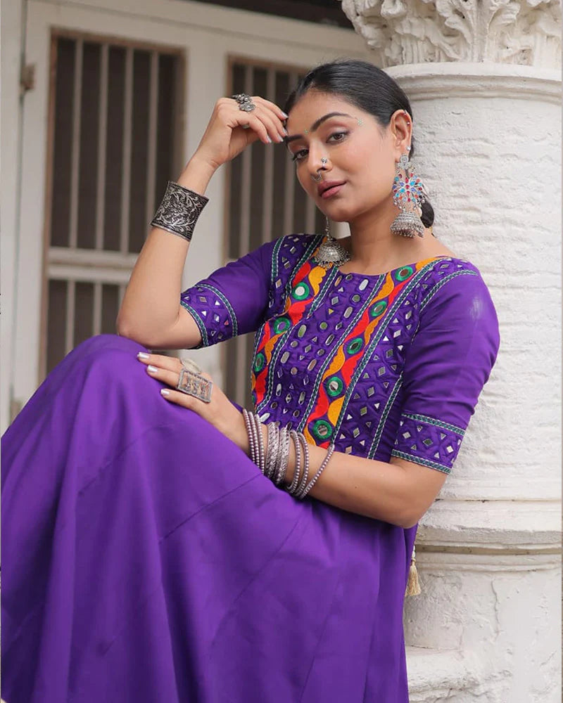 Womenline Colorful Border Purple Color Roman Silk Gamthi Work Navratri Gown