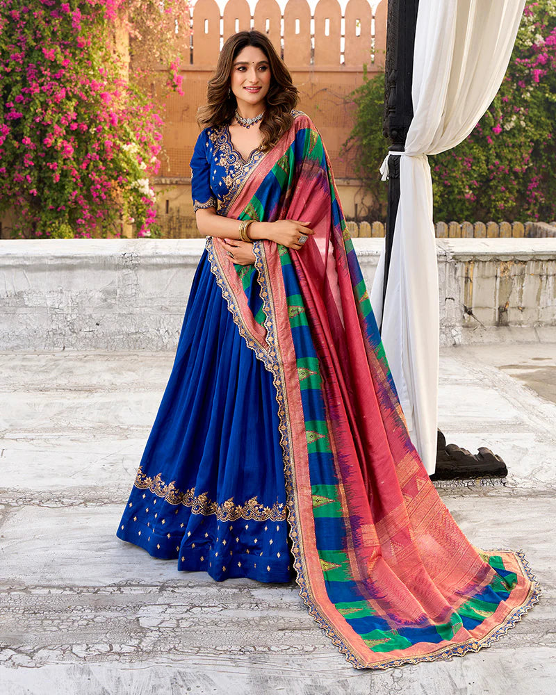 Womenline Designer Royal Blue Color Vichitra Silk Embroidered Lehenga Choli
