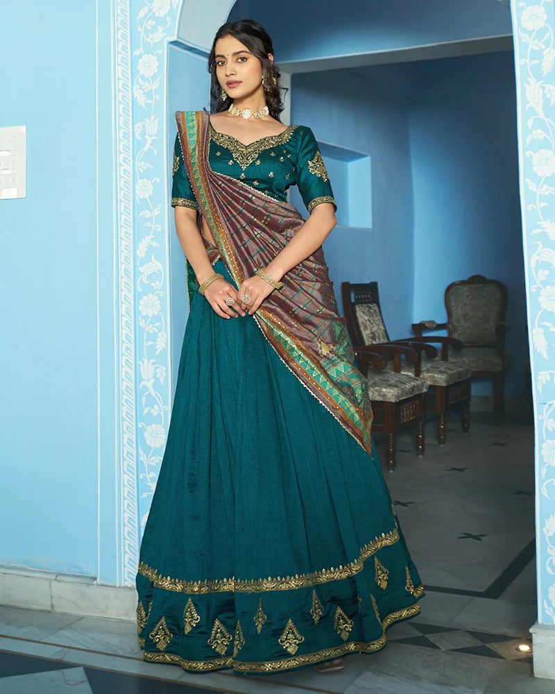 Womenline Elegant Teal Green Embroidered Vichitra Silk Lehenga Choli
