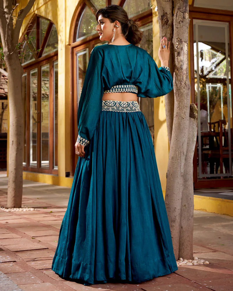 Womenline Peacock Blue Color Vichitra Silk Embroidered Lehenga Choli