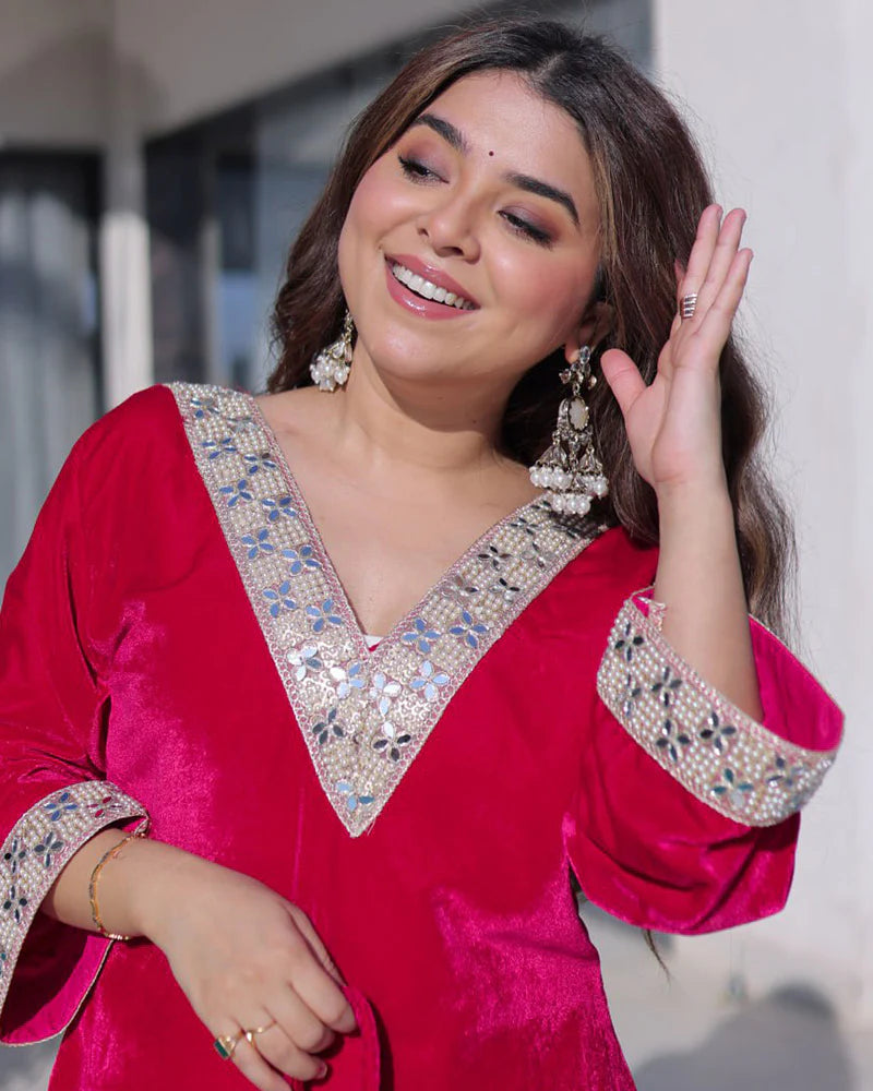 Womenline Rani Pink Color Ice Velvet Embroidered Plazzo Suit