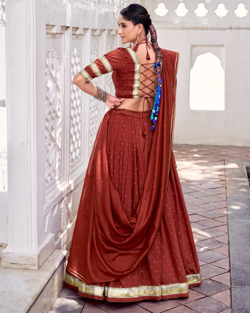 Womenline Classic Rust Orange Color Pure Chanderi Navratri Lehenga Choli