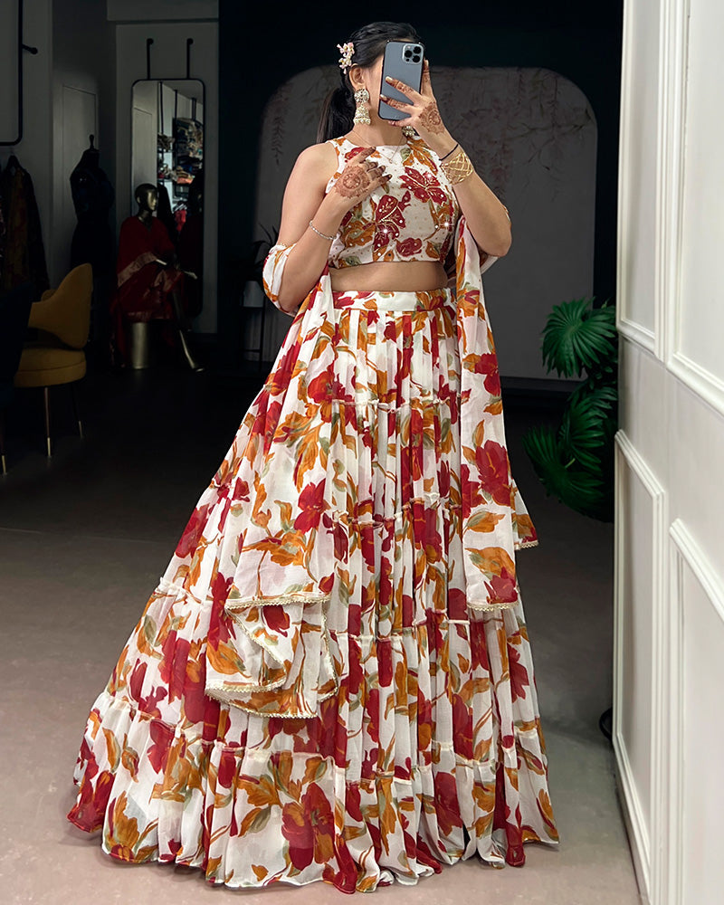 Womenline White Color Marble Floral Printed Lehenga Choli