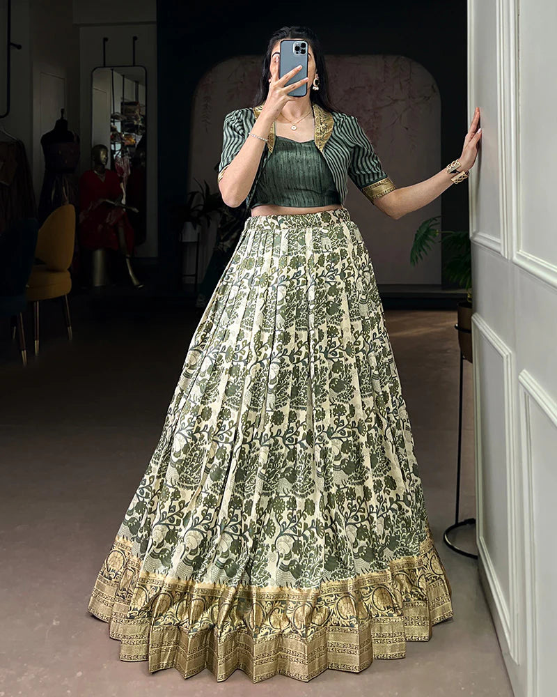 Womenline Green Color Tasar Silk Viscose Printed Lehenga Choli