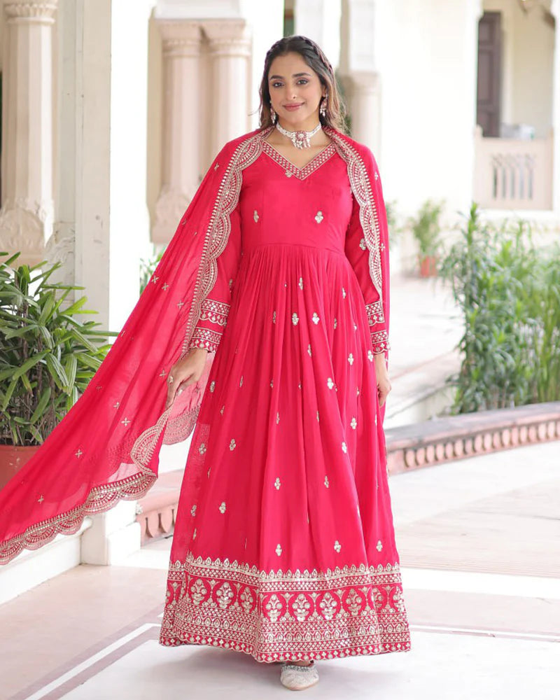 Womenline Bright Pink Vichitra Silk Sequence Embroidered Gown