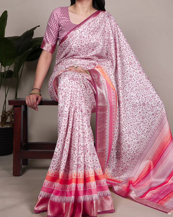 Womenline Light Pink Color Designer Tasar Silk Printed Saree