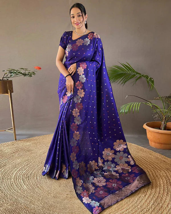 Womenline Jacquard Design Blue color Soft Lichi Silk Saree