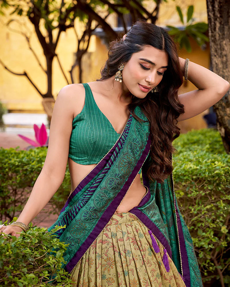 Womenline Firozi Color Vichitra Silk Printed Lehenga Choli