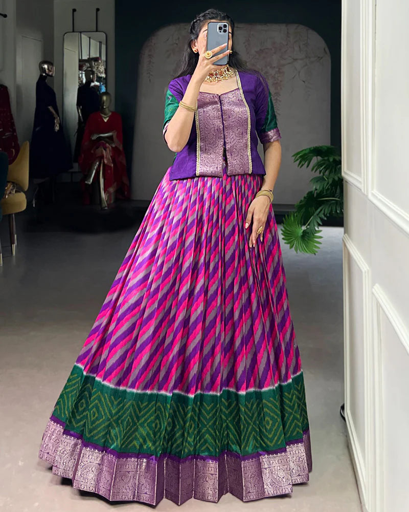 Womenline Purple Color Tasar Silk Laheriya Printed Lehenga Choli