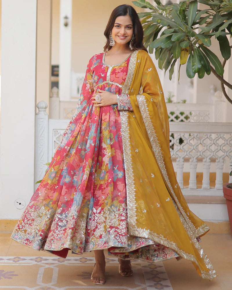 Womenline Wedding Wear Floral Embroidered Red Color Alia Cut Gown With Dupatta