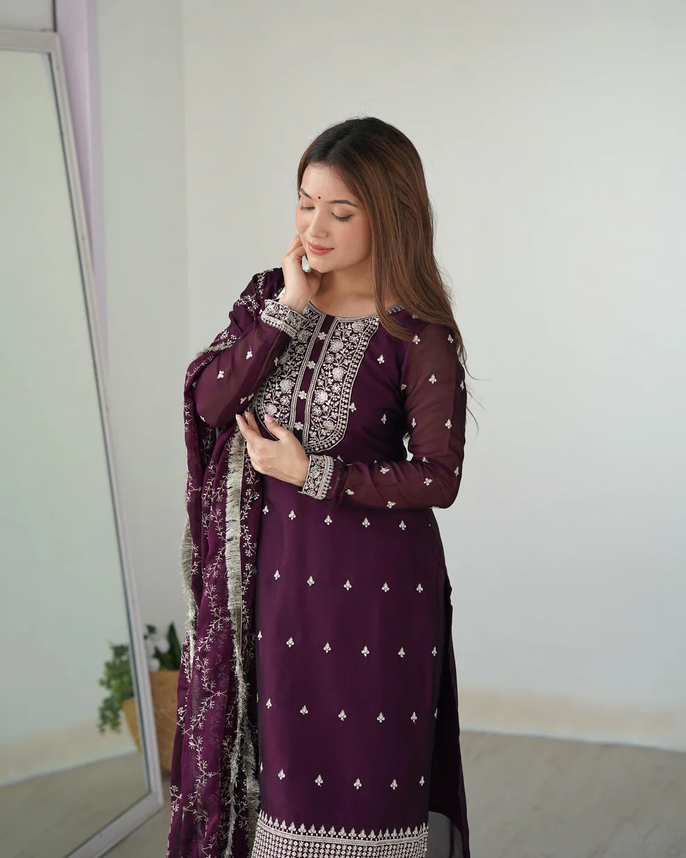 Womenline Wine Color Rangoli Silk Three Piece Kurti Suit