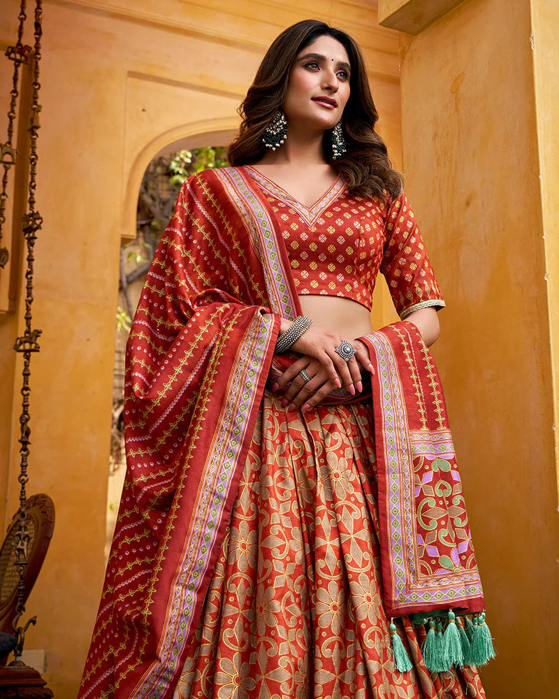 Womenline Rust Orange Color Tasar Silk Sparkle Lehenga Choli