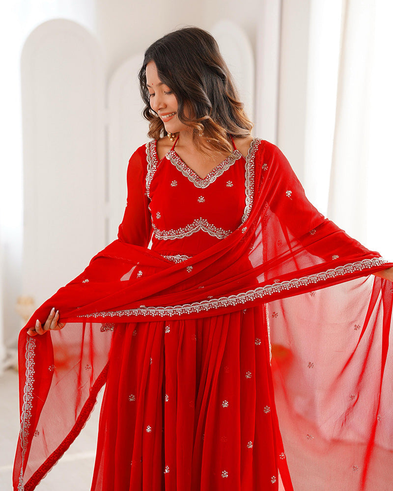 Womenline Red Color Georgette Sequence Embroidered Anarkali Suit