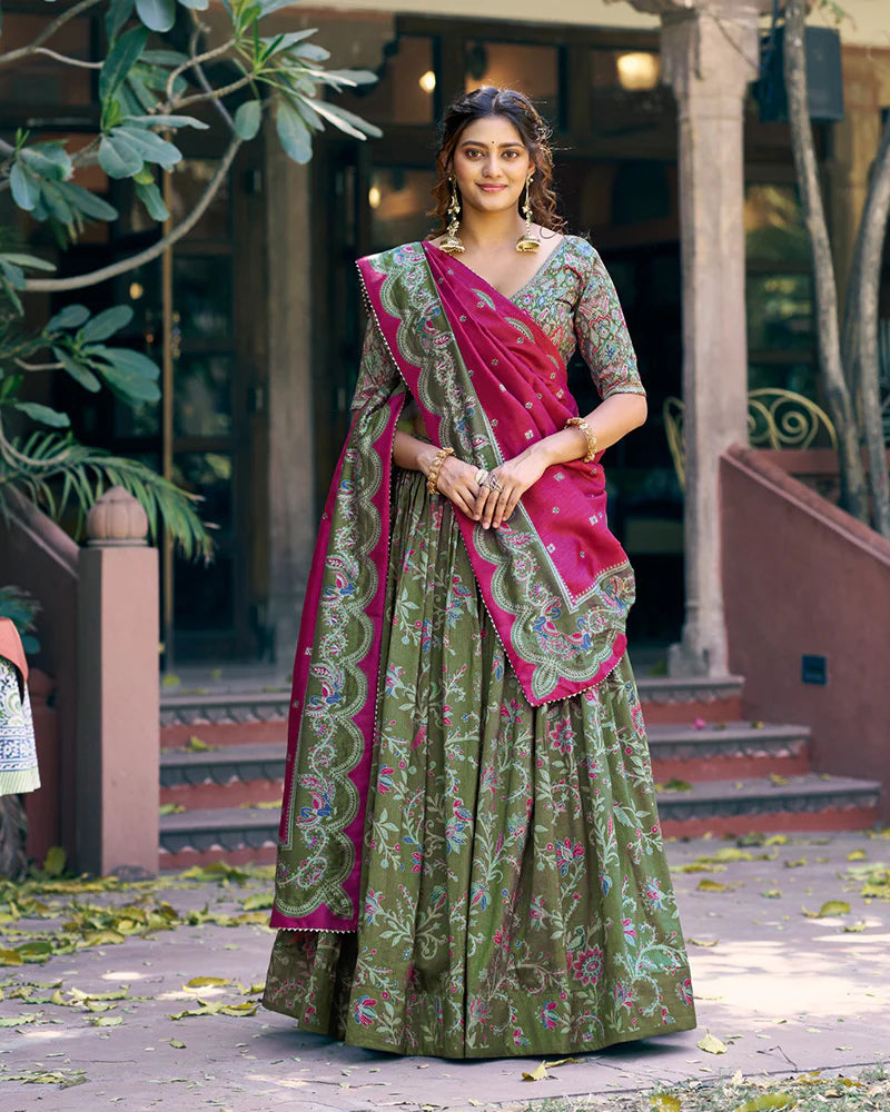 Womenline Bottle Green Color Tasar Silk Foil Printed Lehenga Choli