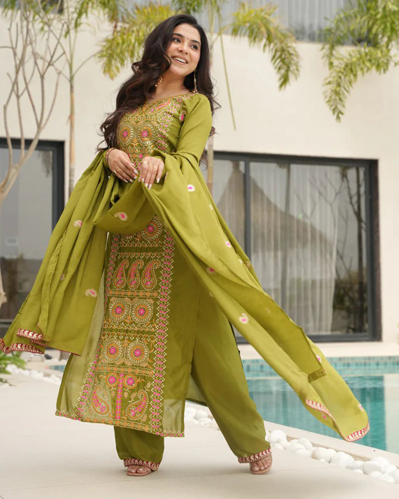 Womenline Parrot Color Chinon Embroidered Kurti Suit