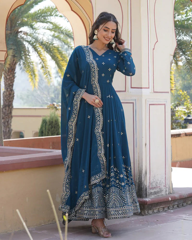 Womenline Rama Color Full Flair Anarkali Gown With Embroidered Dupatta