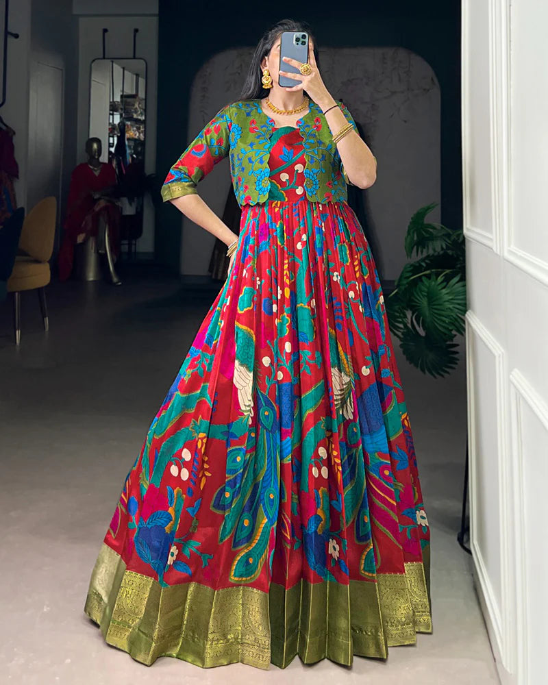 Womenline Maroon Color Tasar Silk Printed Gown With Koti