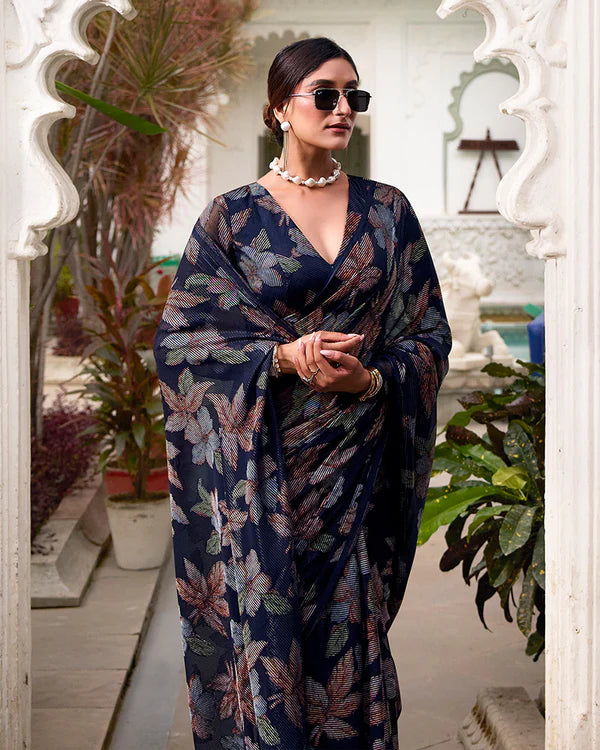 Womenline Navy Blue Color Lurex Brasso Viscose Saree