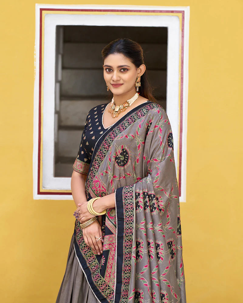 Womenline Black Color Tasar Silk Printed Sparkle Lehenga Choli