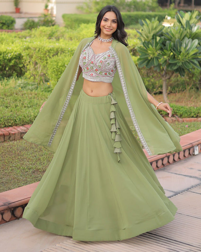 Womenline Pista Color Faux Georgette Embroidered Lehenga Choli