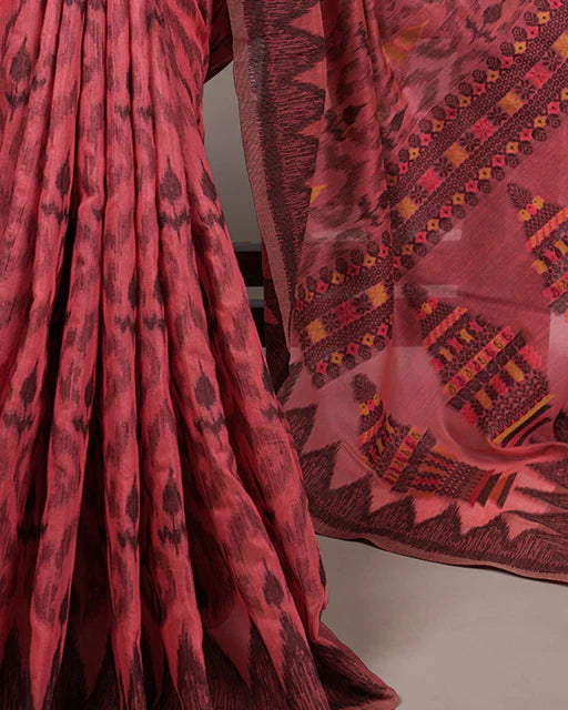 Womenline Orange Color Thread Weaving Poly Cotton Saree