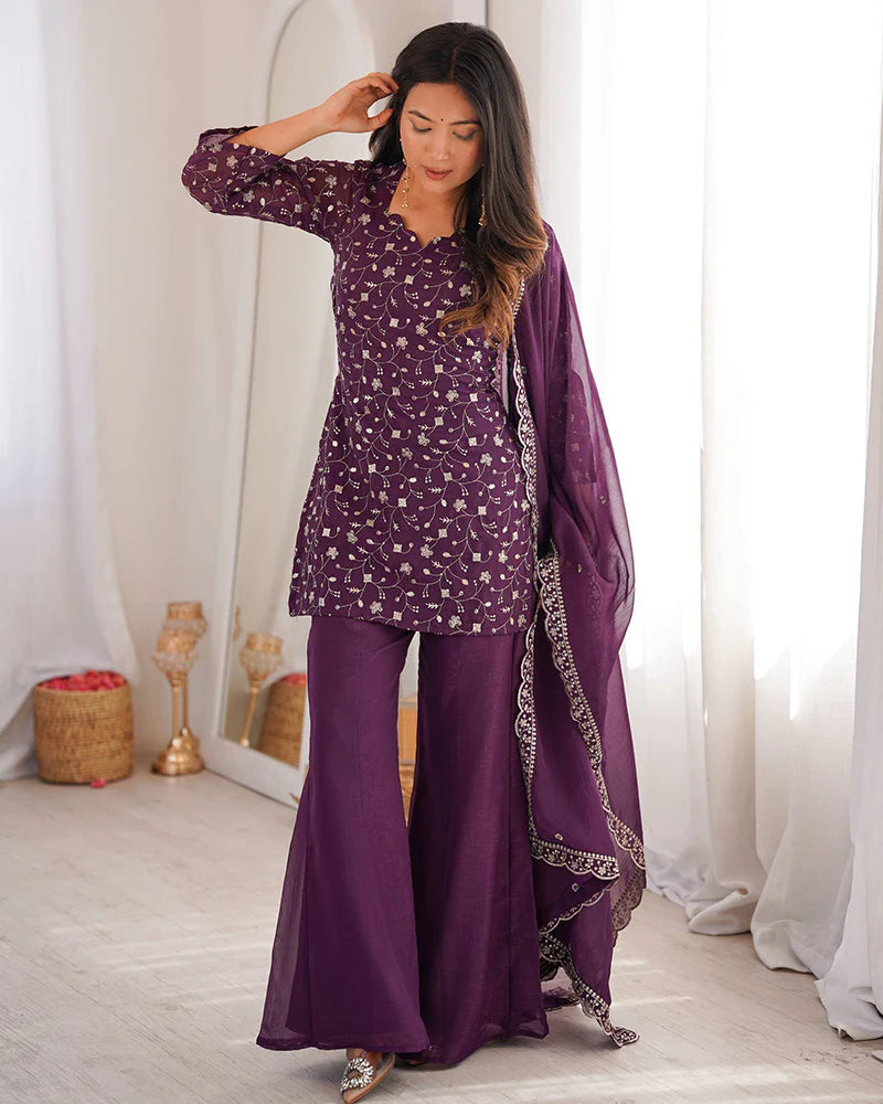 Womenline Dusty Mauve Color Crunchy Silk Embroidered Plazzo Suit
