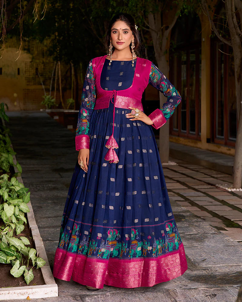 Womenline Elegant Navy Blue Color Poly Cotton Gown With koti