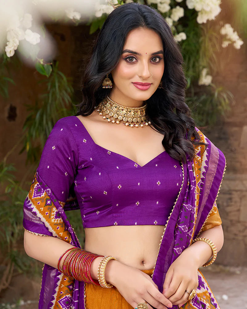 Womenline Designer Patola Printed Mustard Color Tussar Silk Lehenga Choli