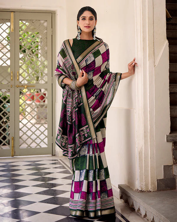 Womenline Green Color Polyester Chanderi Printed Saree