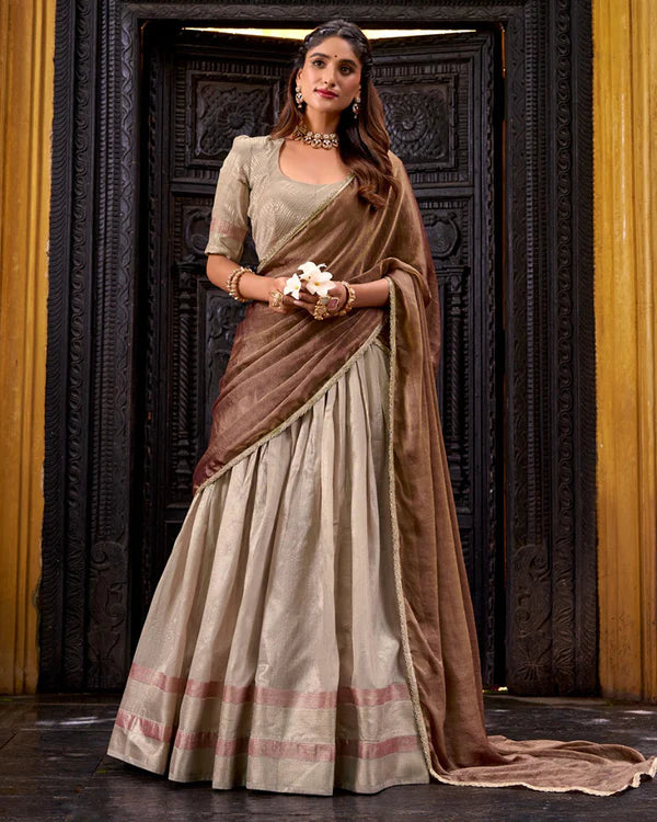 Womenline Cream Color Dupion Silk Zari Weaving Half Saree