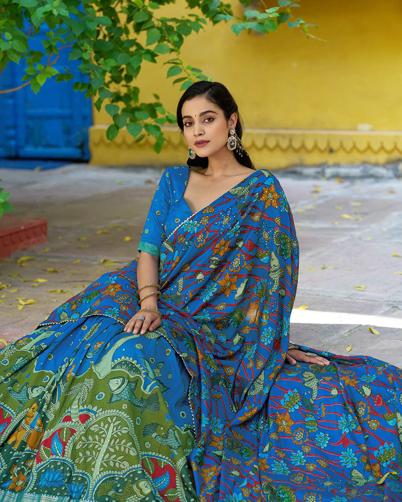 Womenline Firozi Color Tussar Silk Kalamkari Printed Lehenga Choli