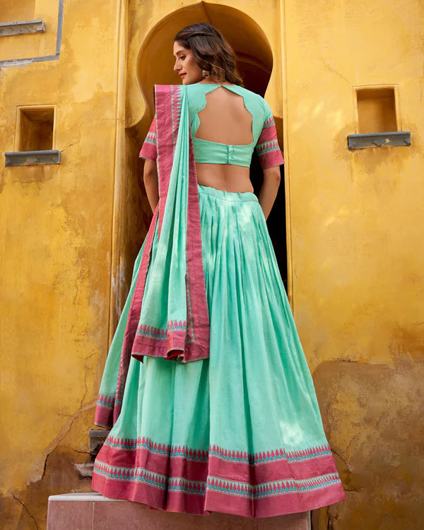 Womenline Sky Blue Color Pure Chanderi Threaded Half Saree