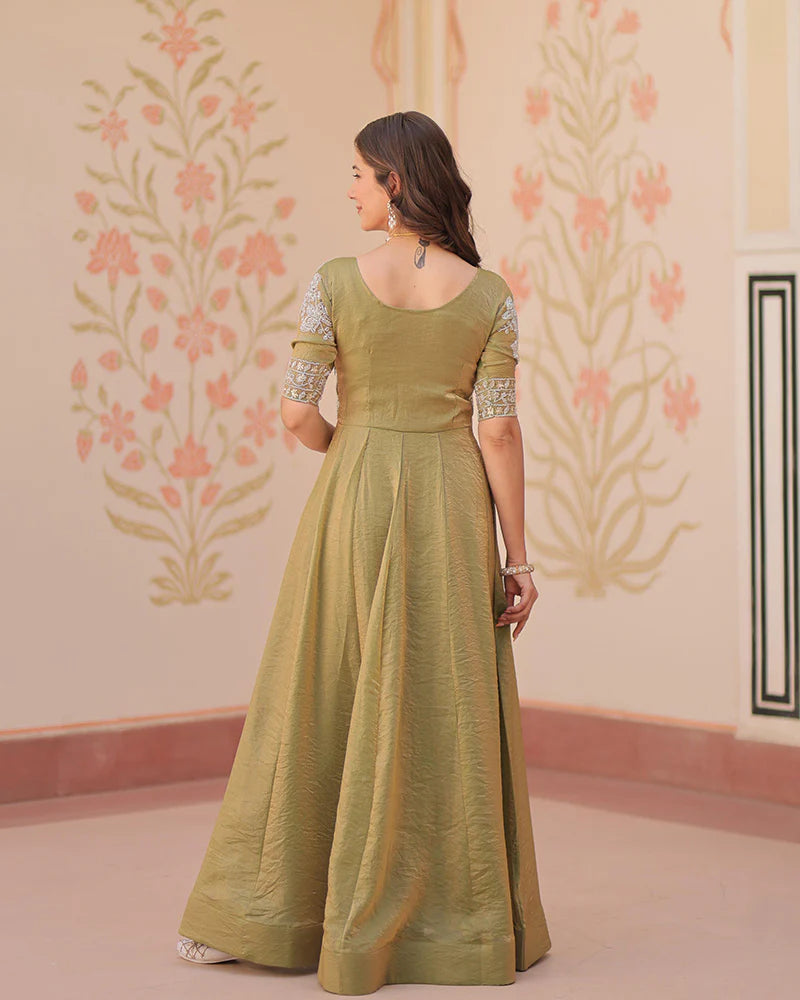 Womenline Mehndi Color Fendi Embroidered work Gown